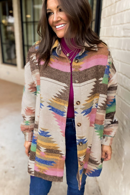 DLLS51 -White Aztec Print Button Up Shacket