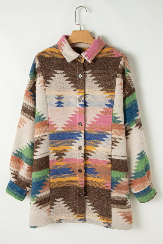 DLLS51 -White Aztec Print Button Up Shacket
