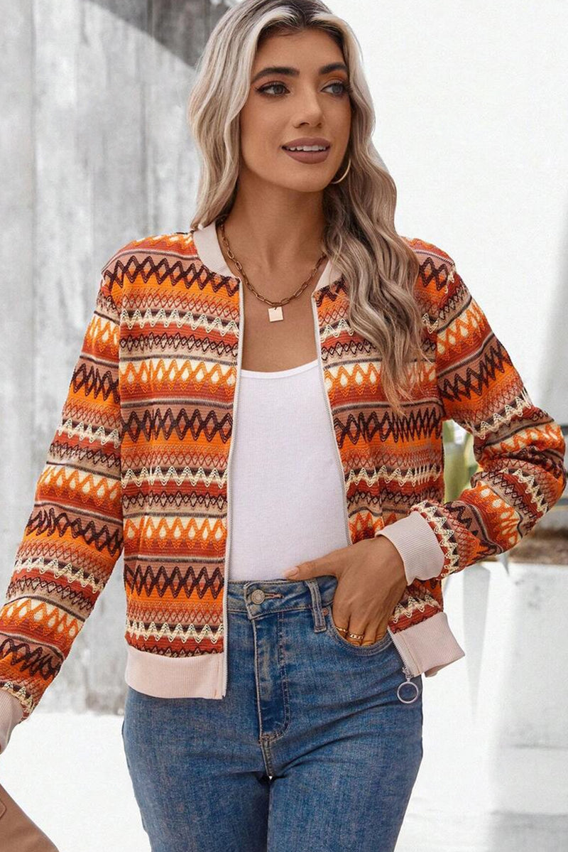 Load image into Gallery viewer, DLLS55 - Orange Boho Striped Zip Up Long Sleeve Jacket
