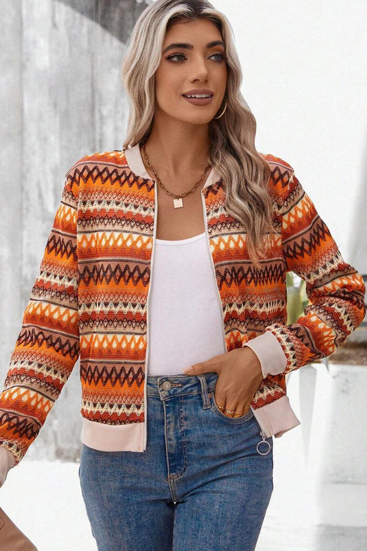 DLLS55 - Orange Boho Striped Zip Up Long Sleeve Jacket