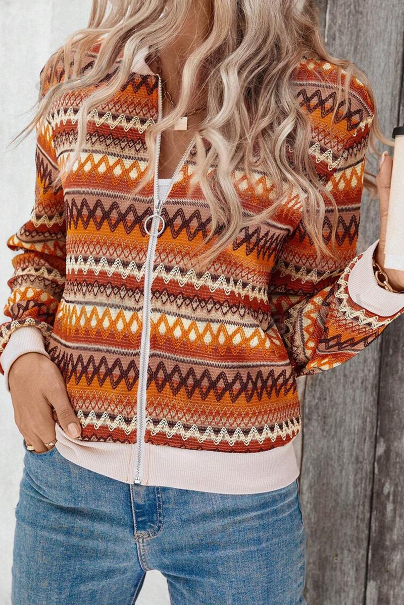 Load image into Gallery viewer, DLLS55 - Orange Boho Striped Zip Up Long Sleeve Jacket
