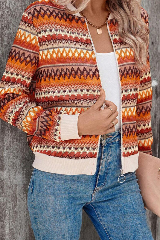 DLLS55 - Orange Boho Striped Zip Up Long Sleeve Jacket
