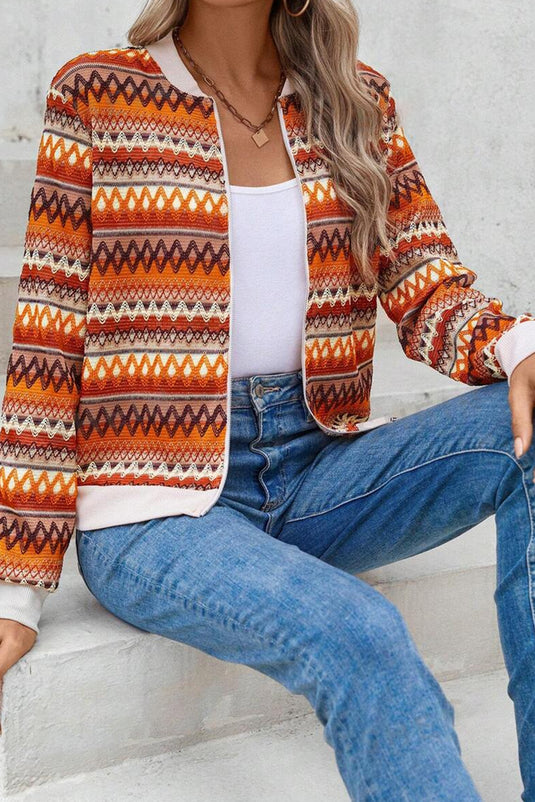 DLLS55 - Orange Boho Striped Zip Up Long Sleeve Jacket