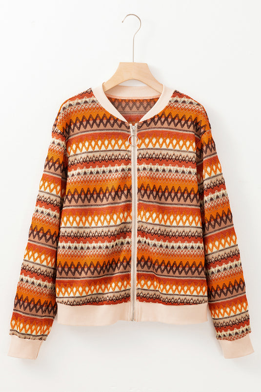 DLLS55 - Orange Boho Striped Zip Up Long Sleeve Jacket