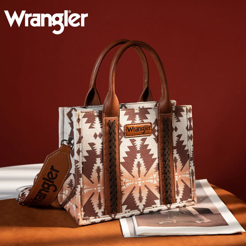Load image into Gallery viewer, WG2203-8120SLCF - Wrangler Southwestern Print Small Canvas Tote/Crossbody - Light Coffee
