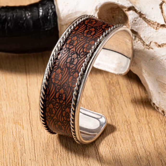 TMBC46 - Rustic Elegant PU Leather Wrapped Metal Cuff Bangle