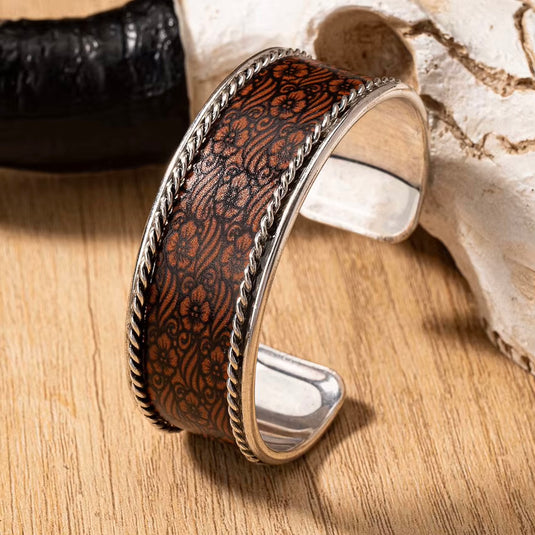 TMBC46 - Rustic Elegant PU Leather Wrapped Metal Cuff Bangle