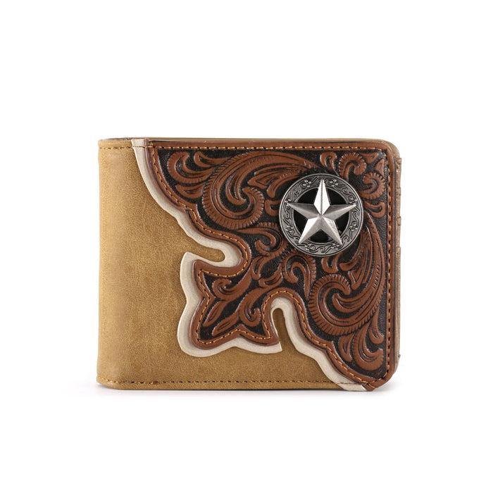MW-603BR - Embossed Vintage Floral Lone-Star Men's Bifold PU Leather Wallet