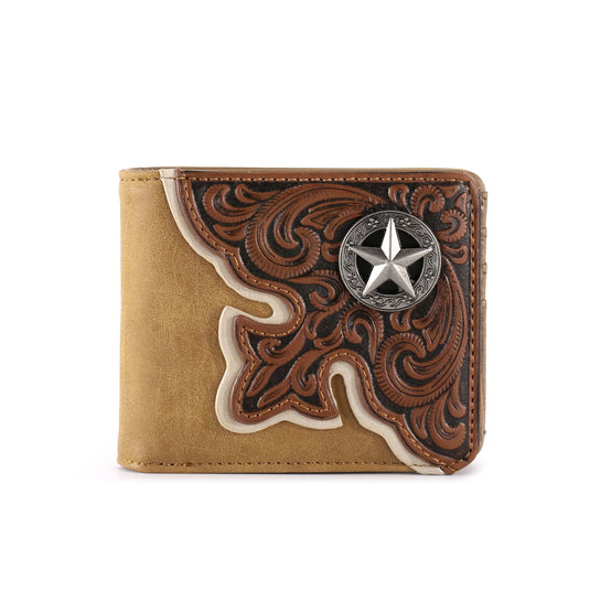 MW-603BR - Embossed Vintage Floral Lone-Star Men's Bifold PU Leather Wallet