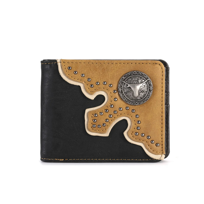 MW-605BK - Color Block Longhorn Concho Men's Bifold PU Leather Wallet