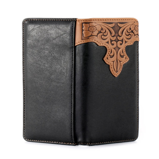 MW-607BK - Embossed Vintage Floral Men's Bifold Long PU Leather Wallet