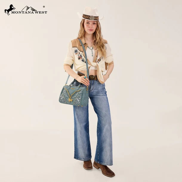 Load image into Gallery viewer, MW-HB-1380-6660-JN - Montana West Horse Charm Satchel Crossbody Bag - Jean
