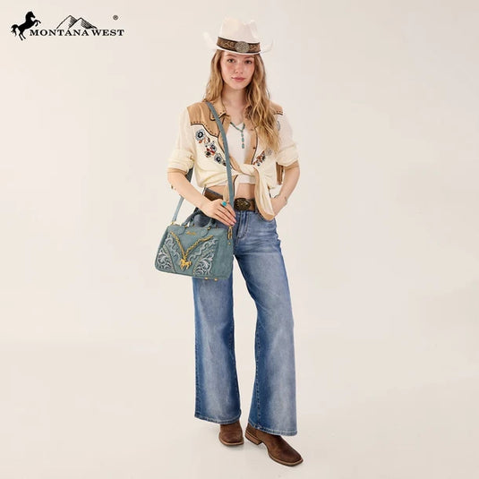 MW-HB-1380-6660-JN - Montana West Horse Charm Satchel Crossbody Bag - Jean