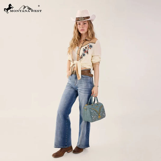 MW-HB-1380-6660-JN - Montana West Horse Charm Satchel Crossbody Bag - Jean