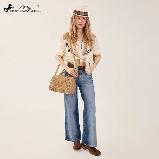 MW-HB-1380-6660-TN - Montana West Western Horse Charm Satchel Crossbody Bag - Tan