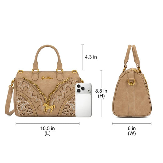 MW-HB-1380-6660-TN - Montana West Western Horse Charm Satchel Crossbody Bag - Tan