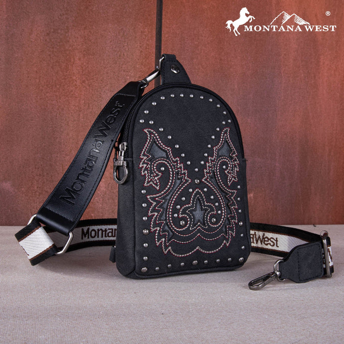 MW1137-210BK - Montana West Embroidered Cut-out Boot Scroll Sling Bag