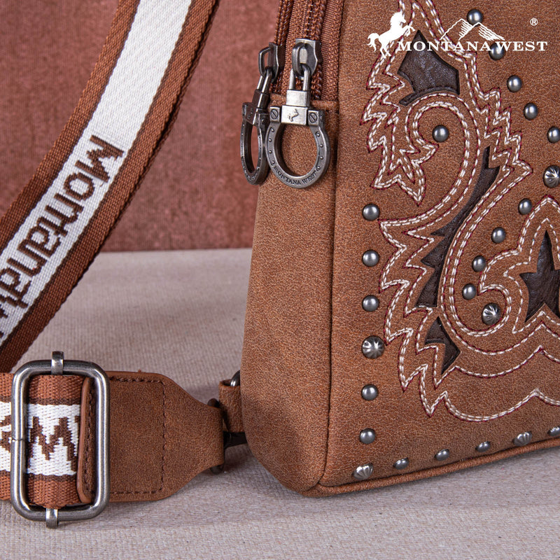 Load image into Gallery viewer, MW1137-210BR - Montana West Embroidered Cut-out Boot Scroll Sling Bag
