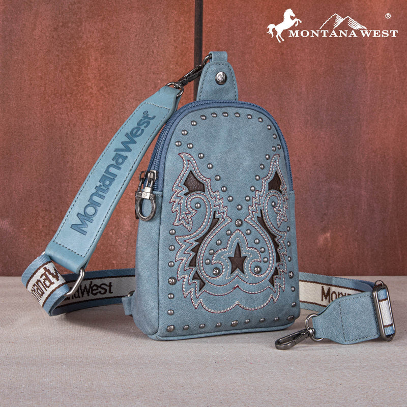 Load image into Gallery viewer, MW1137-210JN - Montana West Embroidered Cut-out Boot Scroll Sling Bag
