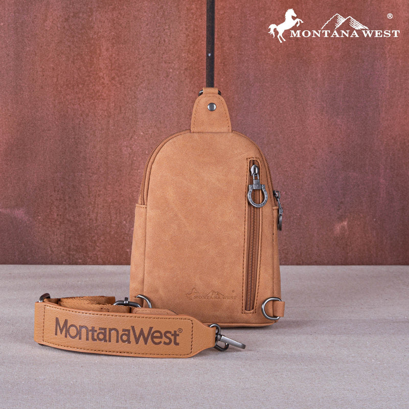 Load image into Gallery viewer, MW1137-210LBR - Montana West Embroidered Cut-out Boot Scroll Sling Bag
