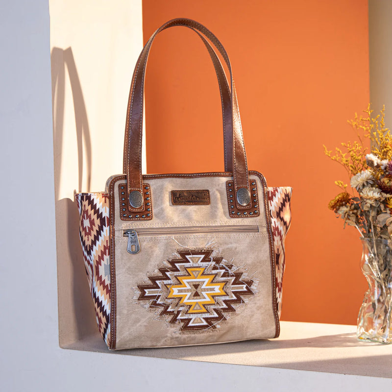 Load image into Gallery viewer, MW1210-8250TN - Montana West Aztec Jean Denim Collection Tote - Tan
