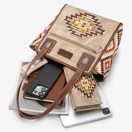 MW1210-8250TN - Montana West Aztec Jean Denim Collection Tote - Tan