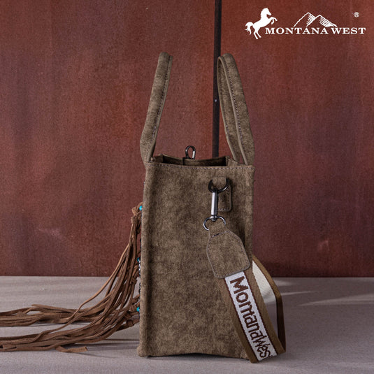 MW1255-8120 SKH - Montana West Concho Tassel Tote/Crossbody - Khaki