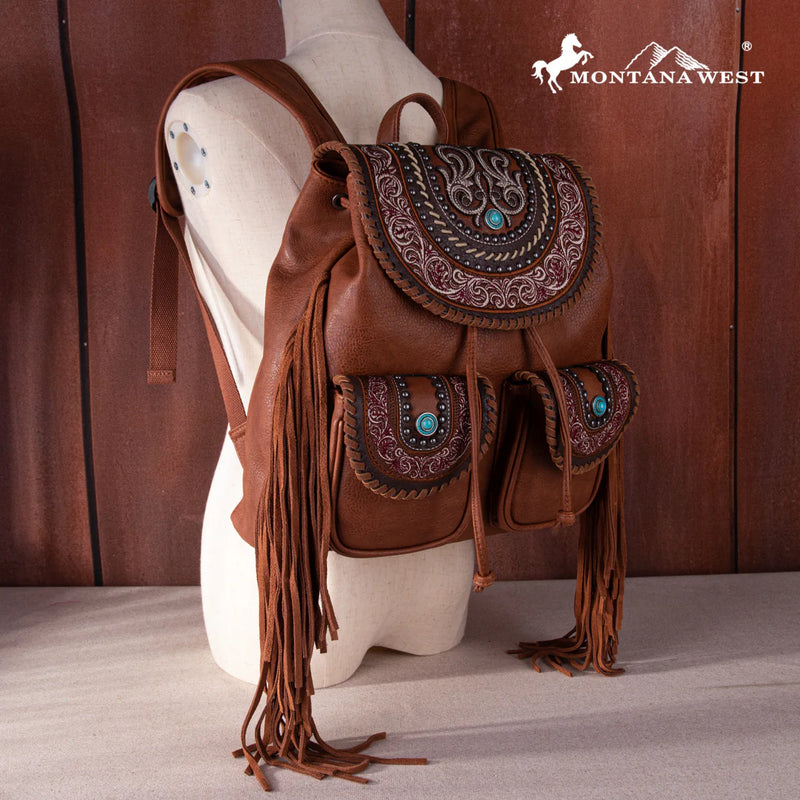Load image into Gallery viewer, MW1256-9110BR - Montana West Floral Embroidered Collection Backpack - Brown
