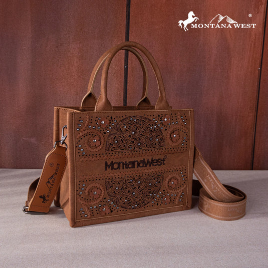 MW1266-8120SBR - Montana West Embroidered Cut-out Concealed Carry Tote/Crossbody