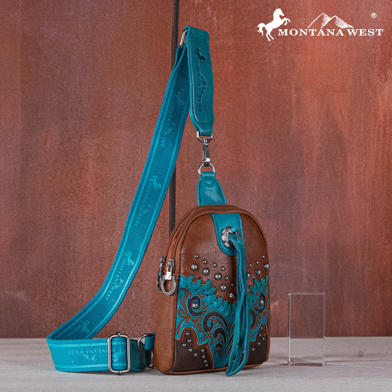 Load image into Gallery viewer, MW1269-210BR - Montana West Embroidered Scroll Cut-out Collection Sling Bag - Brown
