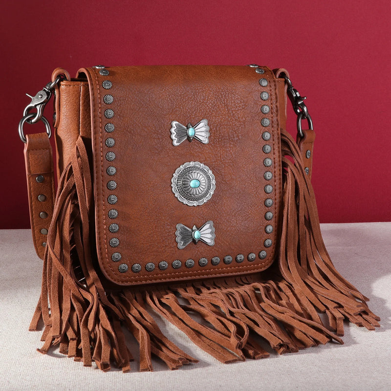 Load image into Gallery viewer, MW1270-8360BR - Montana West Fringe Mariposa Concho Collection Crossbody - Brown
