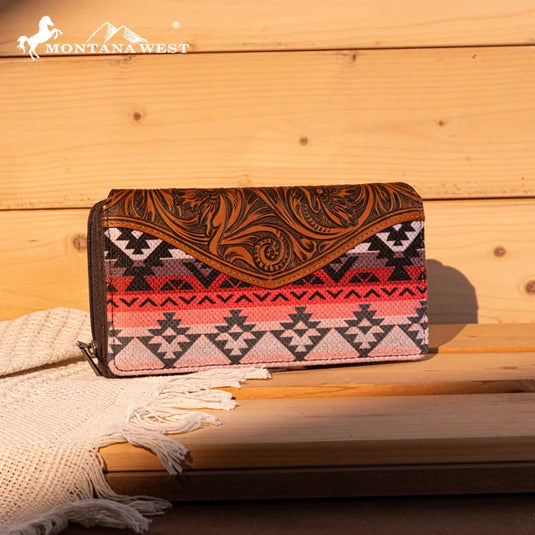 MW1295G-8313WPK - Montana West Tooled Aztec Tote/Crossbody with Wallet Set - Pink