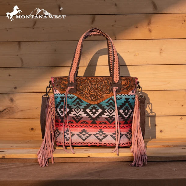 Load image into Gallery viewer, MW1295G-8313WPK - Montana West Tooled Aztec Tote/Crossbody with Wallet Set - Pink
