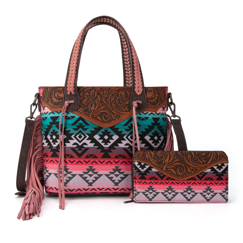 Load image into Gallery viewer, MW1295G-8313WPK - Montana West Tooled Aztec Tote/Crossbody with Wallet Set - Pink
