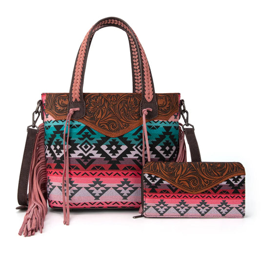 MW1295G-8313WPK - Montana West Tooled Aztec Tote/Crossbody with Wallet Set - Pink