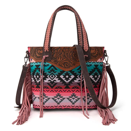 MW1295G-8313WPK - Montana West Tooled Aztec Tote/Crossbody with Wallet Set - Pink