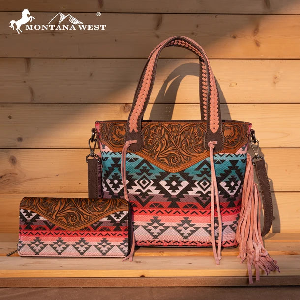 Load image into Gallery viewer, MW1295G-8313WPK - Montana West Tooled Aztec Tote/Crossbody with Wallet Set - Pink
