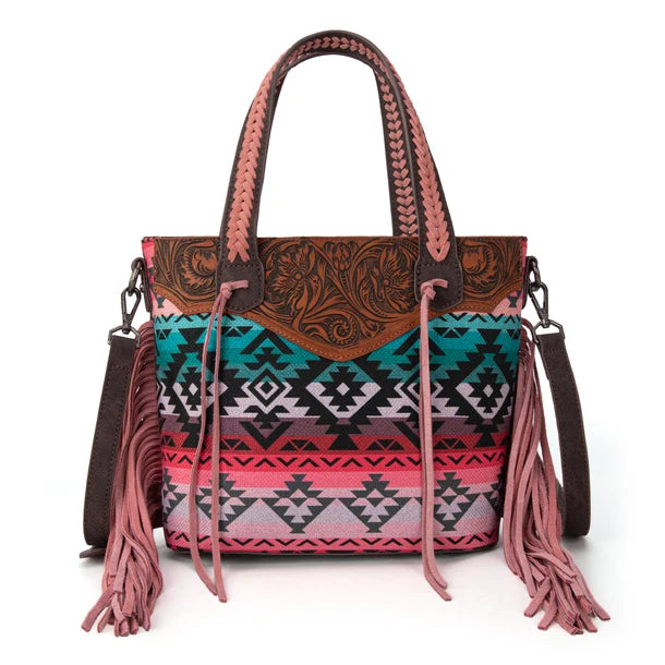 Load image into Gallery viewer, MW1295G-8313WPK - Montana West Tooled Aztec Tote/Crossbody with Wallet Set - Pink
