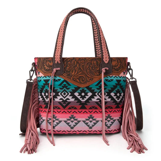 MW1295G-8313WPK - Montana West Tooled Aztec Tote/Crossbody with Wallet Set - Pink