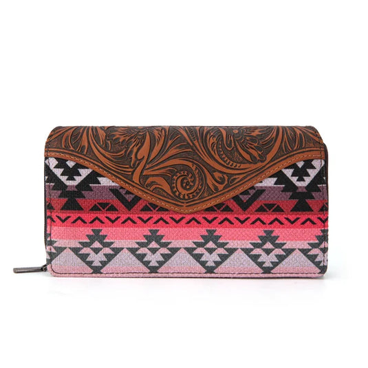 MW1295G-8313WPK - Montana West Tooled Aztec Tote/Crossbody with Wallet Set - Pink