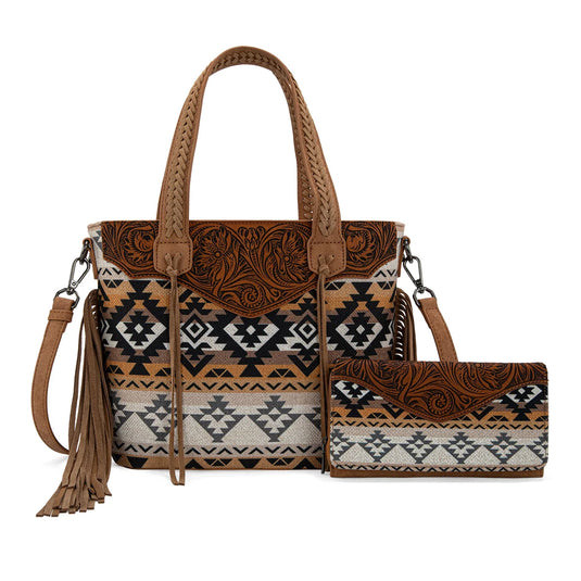 MW1295G-8313WTN - Montana West Tooled Aztec Tote/Crossbody with Wallet Set - Tan