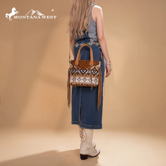 MW1295G-8313WTN - Montana West Tooled Aztec Tote/Crossbody with Wallet Set - Tan