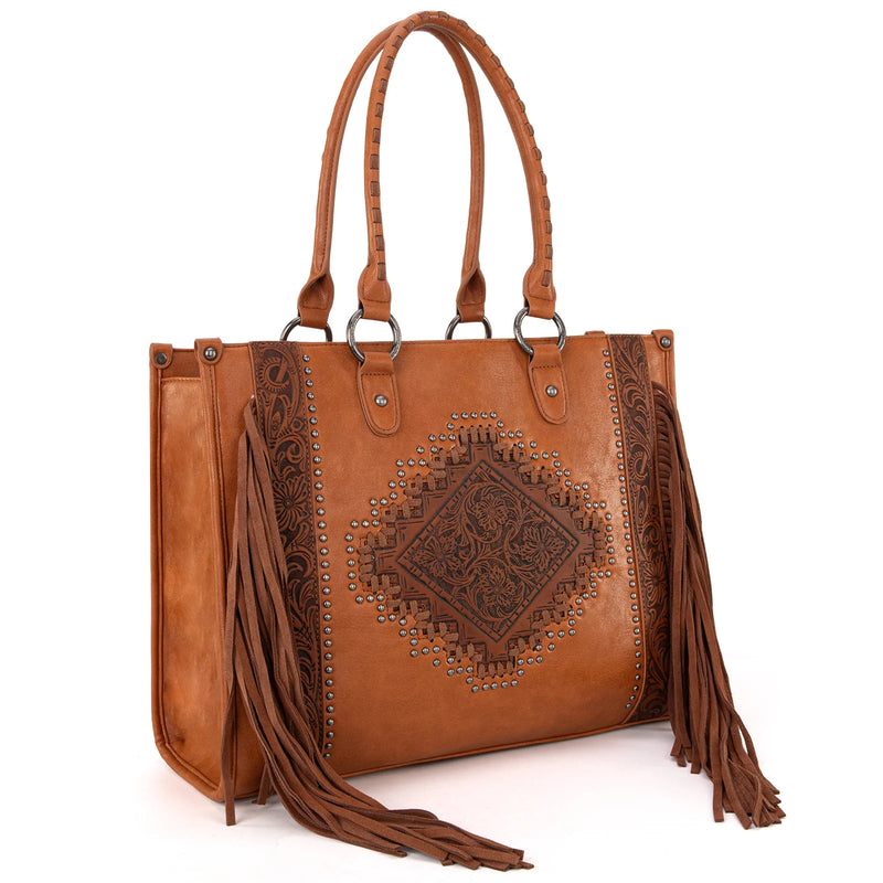 Load image into Gallery viewer, MW1299G-8317BR - Montana West Tool Fringe Collection Concealed Carry Wide Tote Brown
