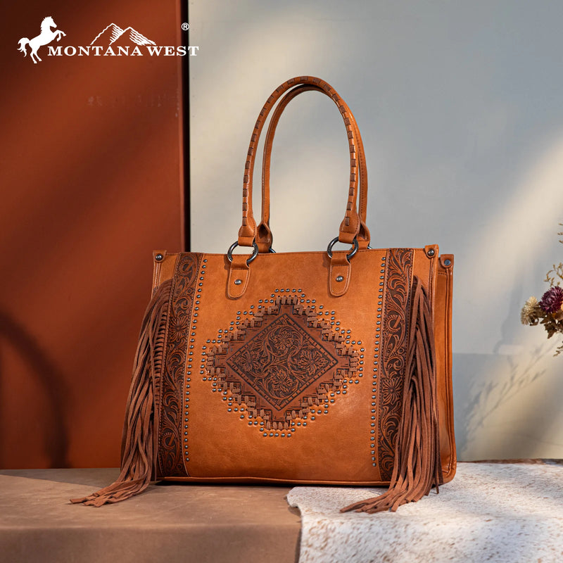 Load image into Gallery viewer, MW1299G-8317BR - Montana West Tool Fringe Collection Concealed Carry Wide Tote Brown
