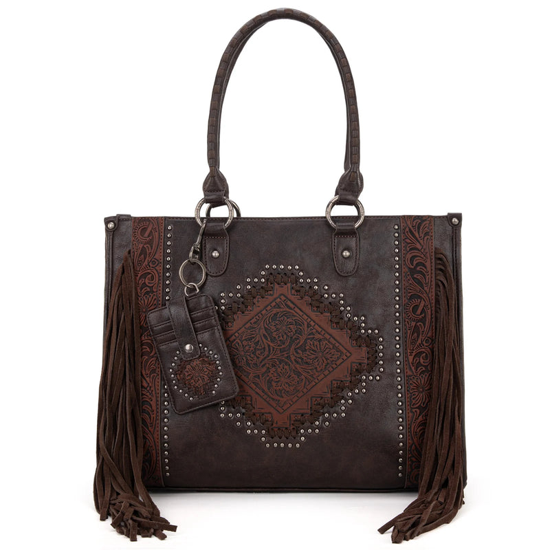 Load image into Gallery viewer, MW1299G-8317CF - Montana West Tool Fringe Collection Concealed Carry Wide Tote Coffee
