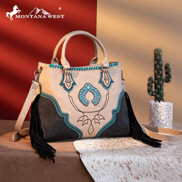 Load image into Gallery viewer, MW1302-8322TN - Montana West Concho Fringe Tote/Crossbody - Tan
