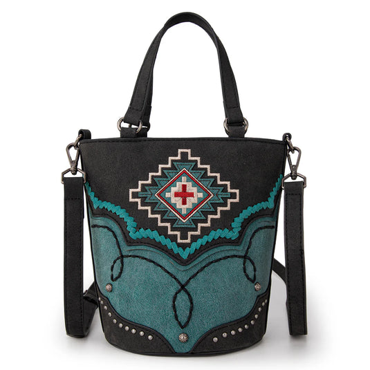MW1310-8369BK - Montana West Embroidered Aztec Collection Bucket Tote/Crossbody - Black