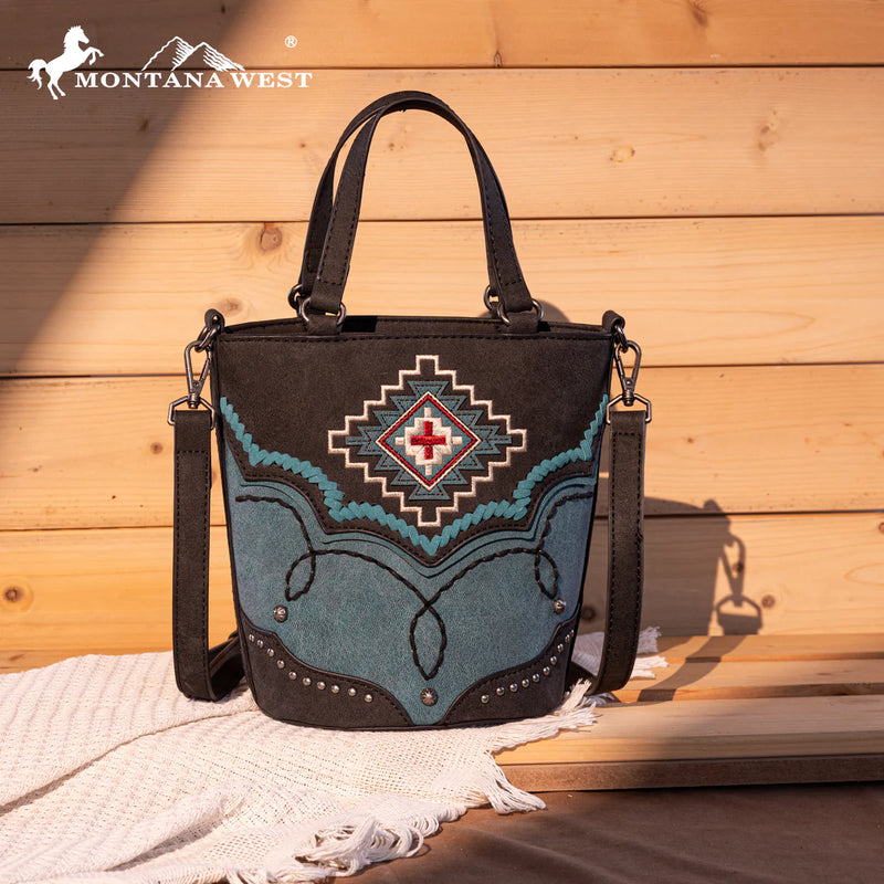 Load image into Gallery viewer, MW1310-8369BK - Montana West Embroidered Aztec Collection Bucket Tote/Crossbody - Black
