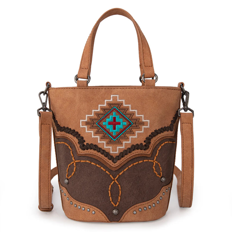 Load image into Gallery viewer, MW1310-8369BR - Montana West Embroidered Aztec Collection Bucket Tote/Crossbody - Brown
