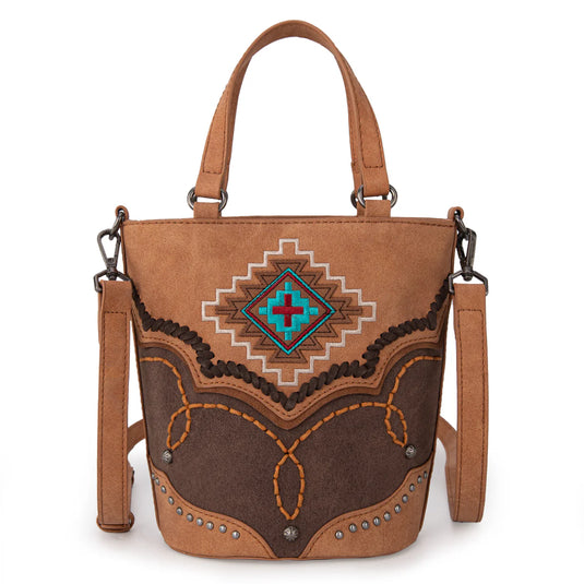 MW1310-8369BR - Montana West Embroidered Aztec Collection Bucket Tote/Crossbody - Brown